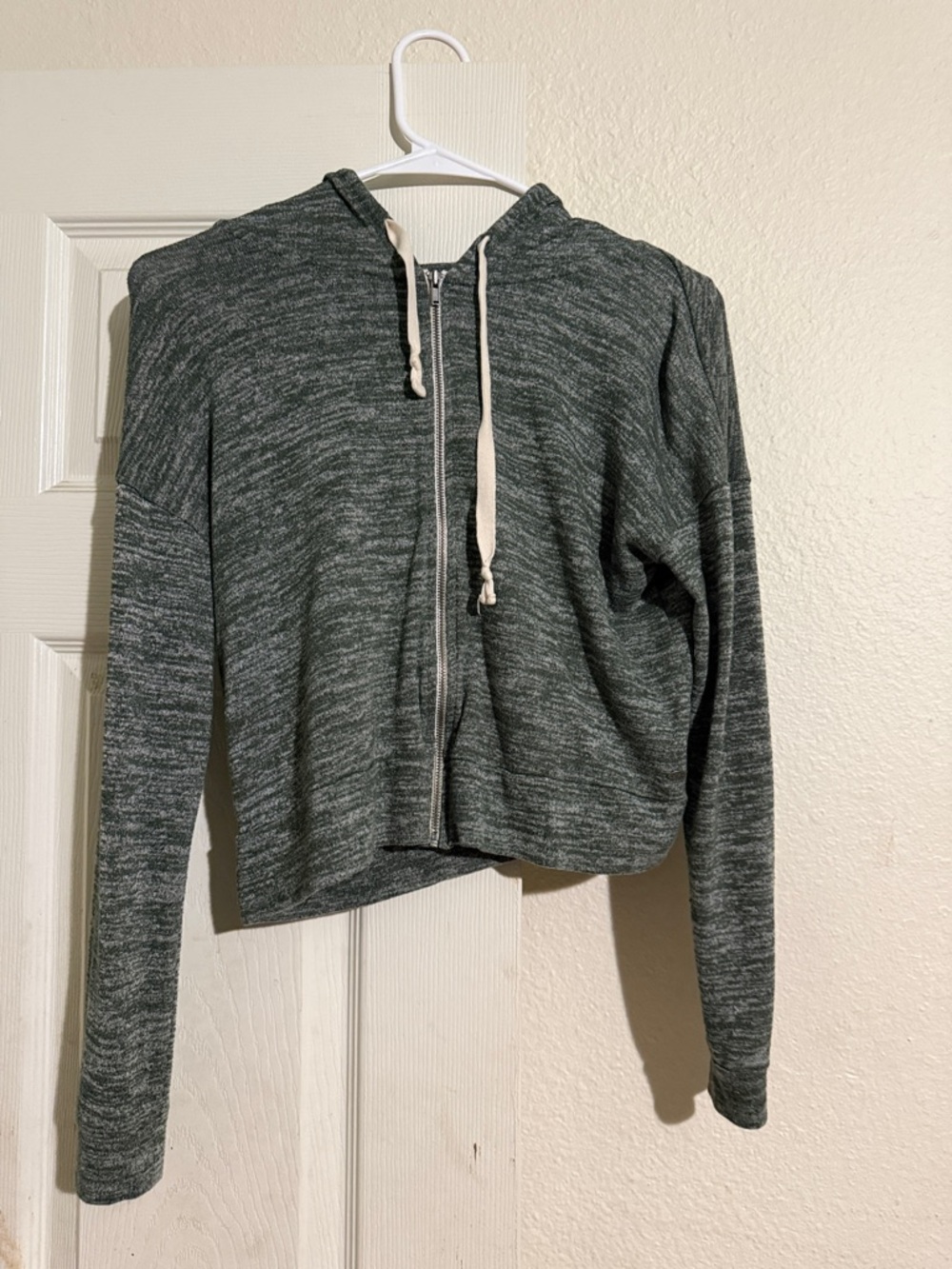 American Eagle Outfitters Dark Heather Gray Zip Hoodie with Cream Drawstrings